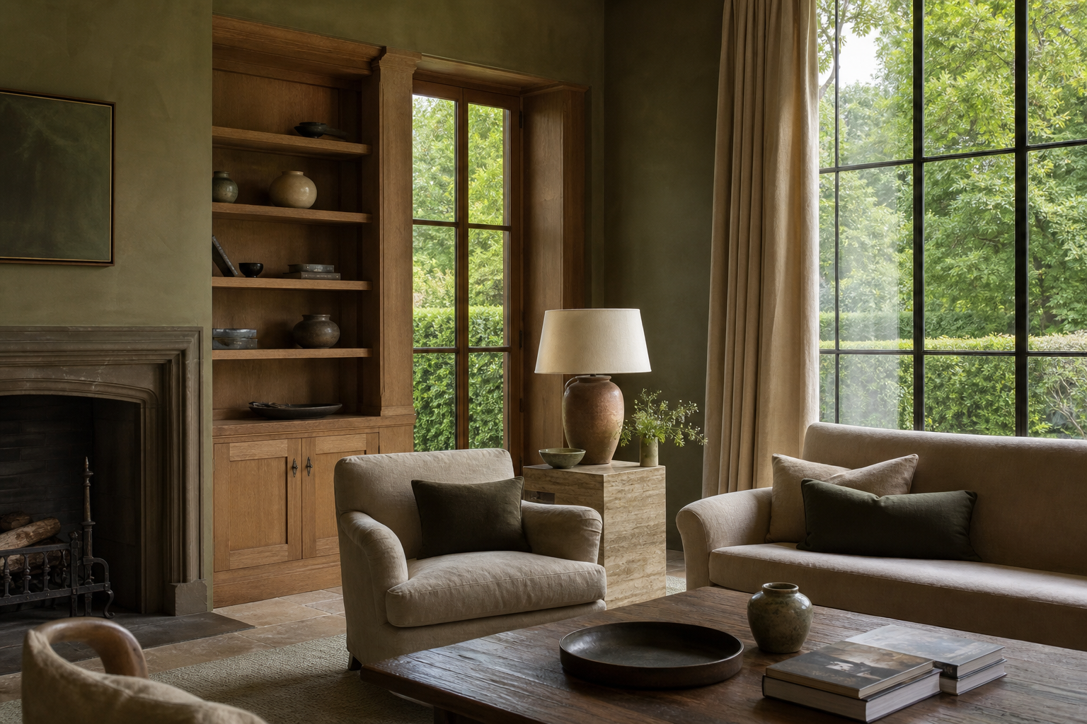 An olive-walled sitting room with built-in oak shelving, a stone fireplace, steel-framed windows, and linen-covered armchairs around a travertine side table