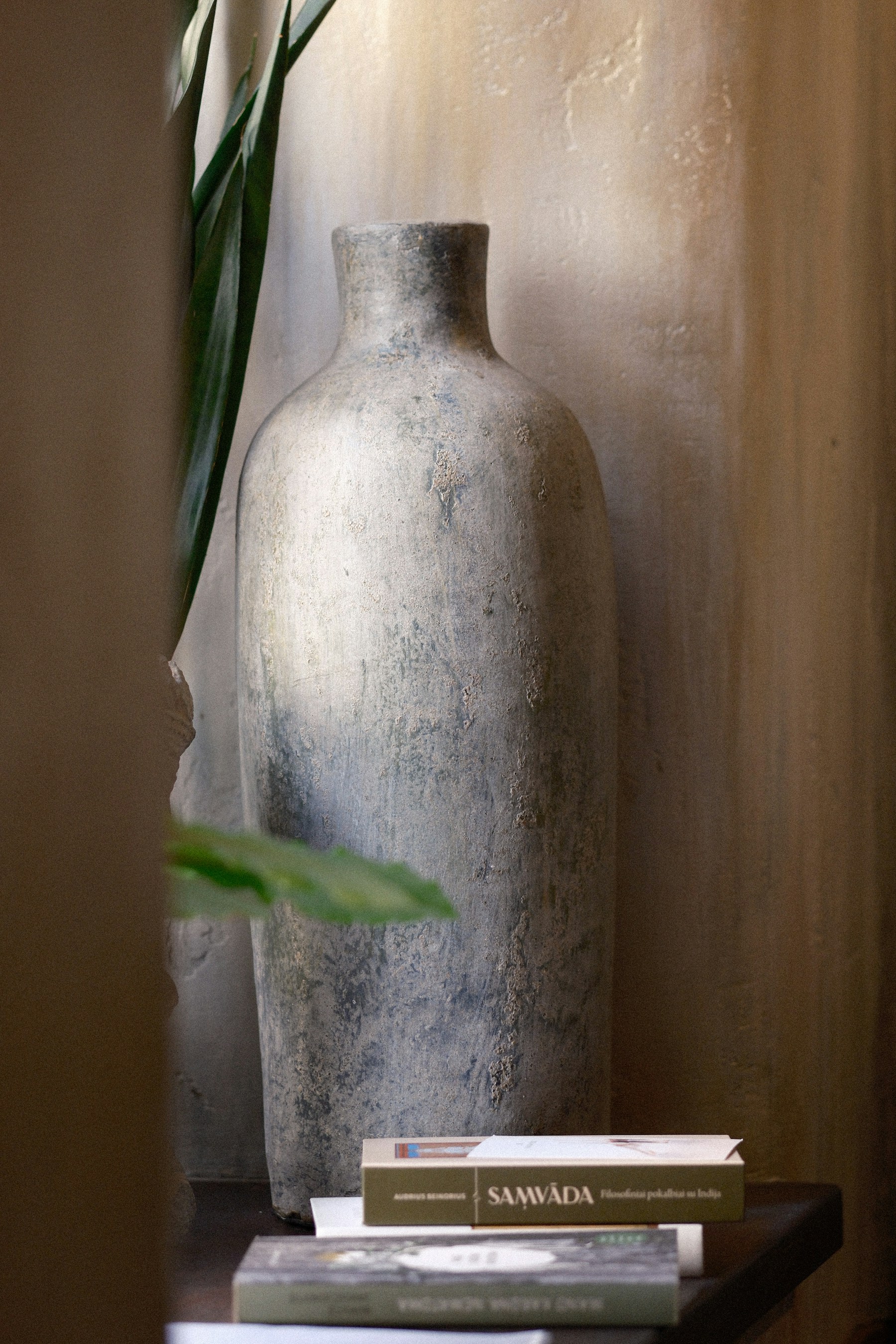 A tactile vignette of a weathered stoneware vase, botanical sprig, and linen-bound art volumes